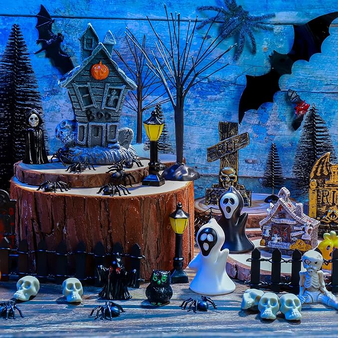 88 PCS Halloween Village Accessories Set Halloween Haunted Houses Village Miniatures Ornaments with Pumpkins Ghost Tombstones Tree Fake Spiders Fence Streetlamp Figurines for Party Home Table Decor