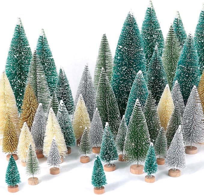 30Pcs Mini Christmas Trees Artificial Christmas Tree Bottle Brush Trees with Wooden Base for Decor Christmas Party Home Table Craft Decorations(Multicolor)