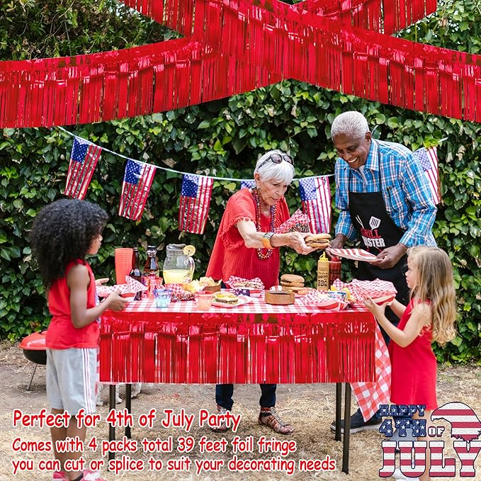 4 Packs Total 39 Feet Parade Floats for Trailer Car, Red Foil Fringe Garland Tinsel Streamers Hanging Backdrop Banner Table Skirts for 4th of July Graduation Homecoming Wedding Birthday Party Decor