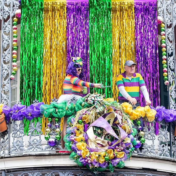 6 Pack 3.3Ft x 6.6Ft Mardi Gras Wavy Foil Fringe Curtain Backdrop Decorations, Purple Gold Green Metallic Tinsel Foil Streamers Curtain Photo Background for Mardi Gras Carnival Wedding Birthday Party