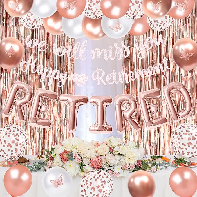 Holkcog Happy Retirement & We Will Miss You Party Decorations, Rose Gold Retirement Decor for Coworker, Retired Crown and Sash, Banner, Balloons, Farewell Party Set, Office Retired Party Supply