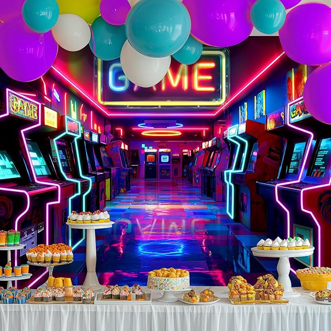 Imirell Arcade Game Neon Backdrop 8Wx6H Feet Retro Gaming Gamer Themed Colorful Video Game Room Playroom Cool Modern Polyester Fabric Boys Photography Backgrounds Photo Shoot Decor Props Decoration
