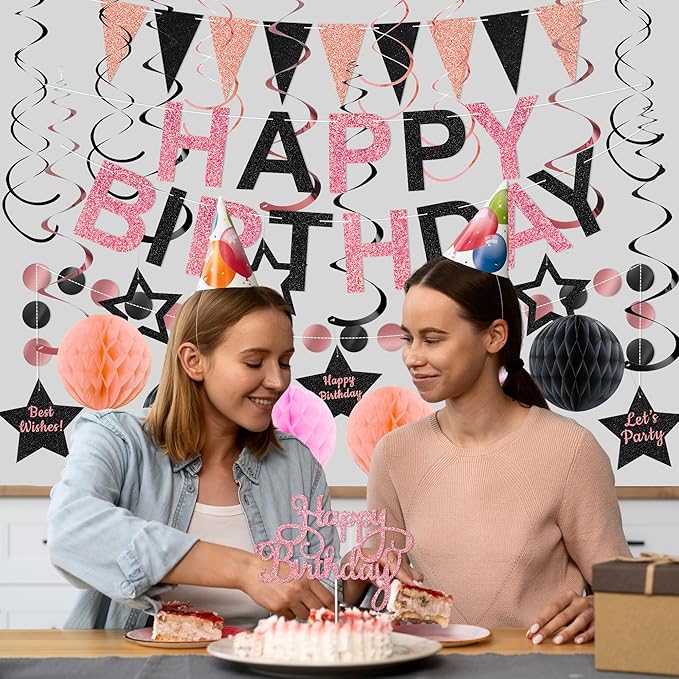 Birthday Decorations Pre-Strung Happy Birthday Banner for Women Girls Rose Gold Black Birthday Banners with Pennant Honeycomb Balls Cake Topper Stars Hanging Swirl Streamers Circle Dots Garland