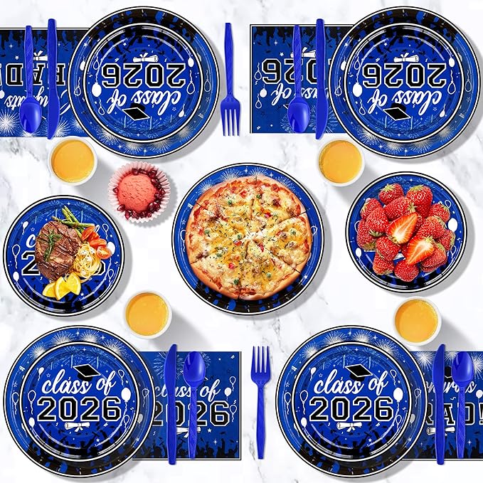 175PCS Graduation Plates and Napkins Set 2026 Graduation Party Supplies Tableware Set Include Paper Plate Napkin Cup Knife Fork Spoon for Grad Party Decor Serve25 (Blue and Black)