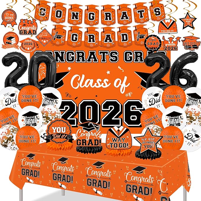 Graduation Decorations 2026, Class of 2026 Backdrop, Banner, 2026 Foil Balloons, Tablecloth, Hanging Swirls, Honeycomb Centerpieces, Party Supplies Decorations Set for College (Orange)