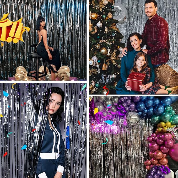 Silver Tinsel Backdrop Party Decorations 3.3x8.2ft, 2 Pack Foil Fringe Curtains Door Decorations Hanging, Silver Streamers Photobooth for Birthday Easter Christmas Bachelorette Disco Bridal Shower