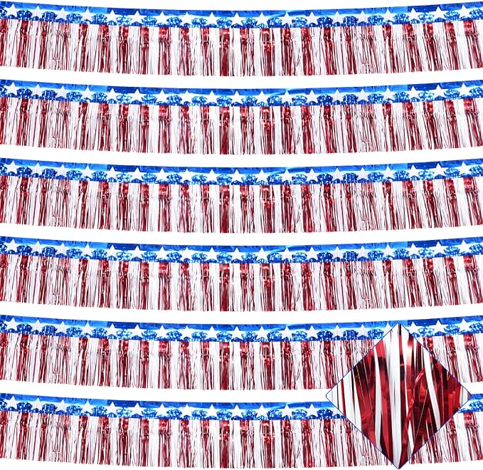6Pack 60ft 4th of July Decorations Banner USA Stars Foil Fringe Garland Tinsel Streamers Red White and Blue Flag for Independent Memorial Veterans Day Patriotic Party USA 250 Anniversary Decorations