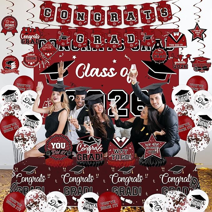 Graduation Decorations 2026, Class of 2026 Backdrop, Banner, 2026 Foil Balloons, Tablecloth, Hanging Swirls, Honeycomb Centerpieces, Party Supplies Decorations Set for College (MAROON)