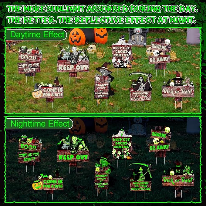 Jetec 8 Pcs Halloween Decorations Outdoor Glow in the Dark Beware Yard Signs Stakes Creepy Assorted Warning Sign Scary Zombie Theme Party Decor Supplies for Outdoor Lawn Yard Garden