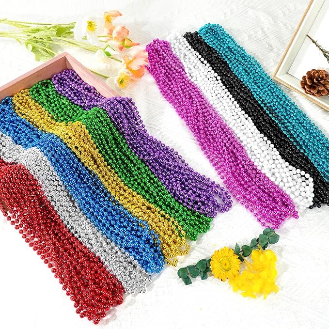 SHAOQINLIN 50 PCS Mardi Gras Beads Necklaces, 10 Colors 33 Inch Colorful Bead Necklaces Bulk Party Beads Round Beaded Necklace for Mardi Gras, St. Patrick's Day, Christmas, Carnival Party Favor
