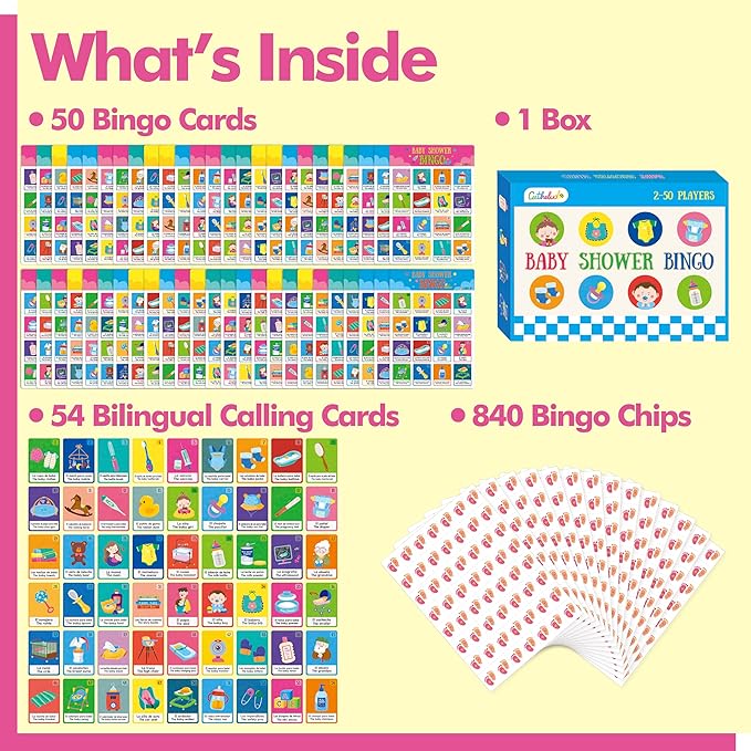 Baby Shower Bingo Game, 50 Bilingual Spanish & English Bingo Cards for Gender Reveal Party, Baby Shower, Game Favors, Supplies, Decorations for Adults (50 Players)