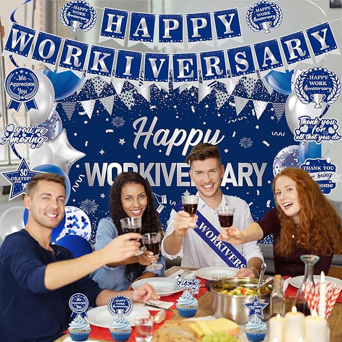 DARUNAXY Happy Workiversary Party Decorations for Men Women, Blue Silver Happy Work Anniversary Banner Cake Topper Hanging Swirl Confetti Balloons Decor Set for Employee Office Party Supplies(31PC)