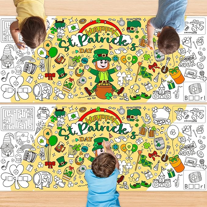2 PCS St Patricks Day Coloring Tablecloth/Poster, St Patrick Day Decorations, 72" X 30" Paper Coloring Tablecloth for Kids Crafts Activities, DIY St Patricks Party Supplies Gifts for Classroom Family
