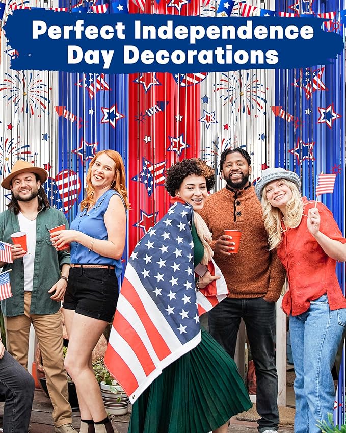 4th of July Decorations Foil Fringe Curtains for Memorial Day, 2 Pack Fourth of July Decor Party Backdrop Red White and Blue Tinsel Streamer, Patriotic Decorations for Independence Labor Veterans Day