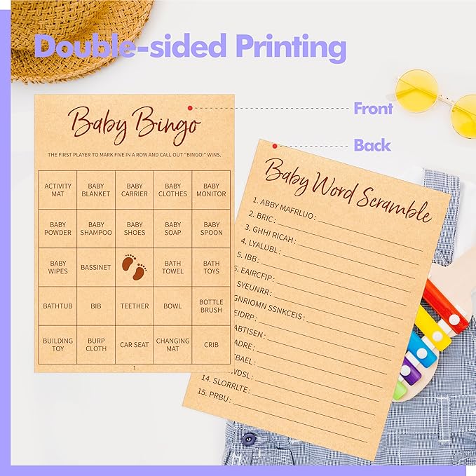 Baby Shower Game Set, Gender Neutral Bingo Game/Guess Who Mommy or Daddy/Word Scramble/Baby Trivia Fact Cards for Guest, Bridal Wedding Shower