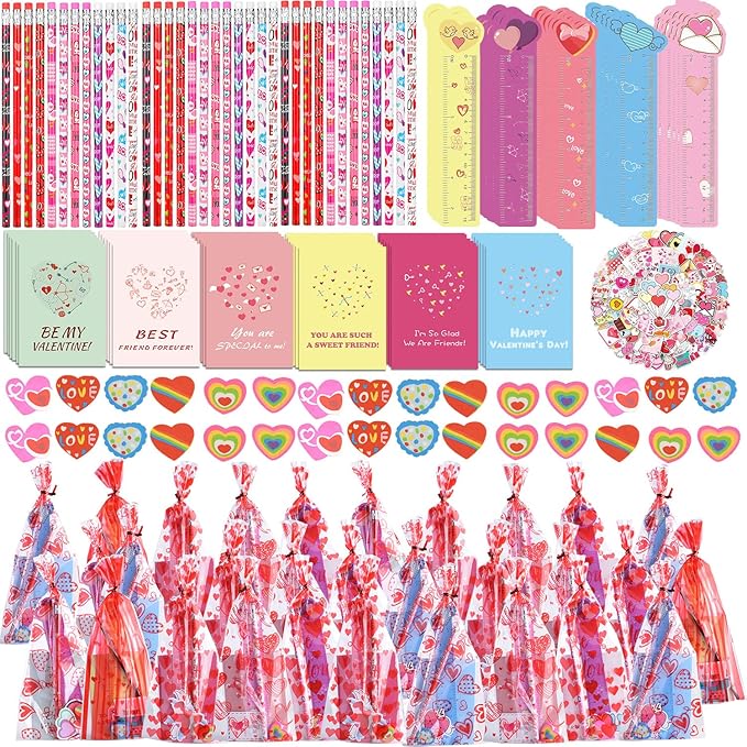 30 Pack Valentines Day Gifts for Kids Classroom Valentines Stationery Set - Valentine Pencils Notepads Rulers Erasers Valentines Treat Bags Party Favors for Kids