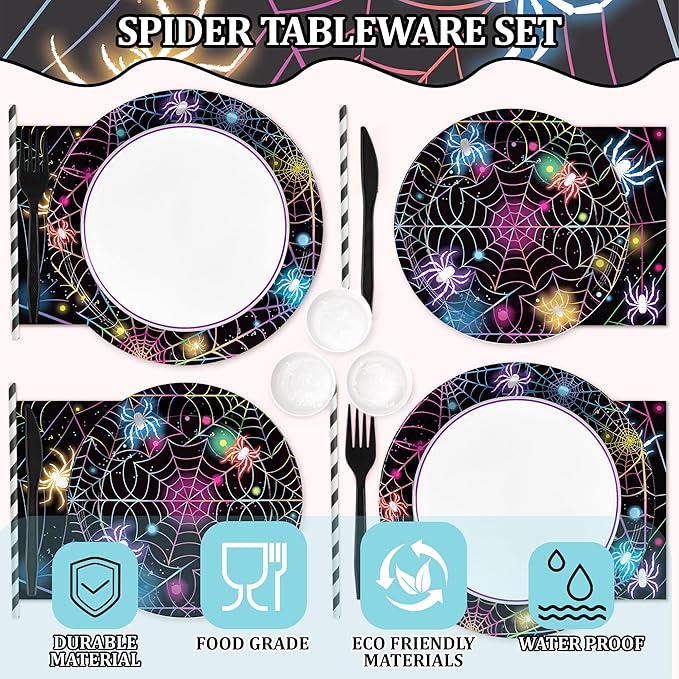 168PCS Halloween Spider Web Party Supplies for Kids Neon Spider Party Decorations Happy Halloween Holiday Themed Plates and Napkins Tableware Birthday Baby Shower Decor Serve 24 Guests