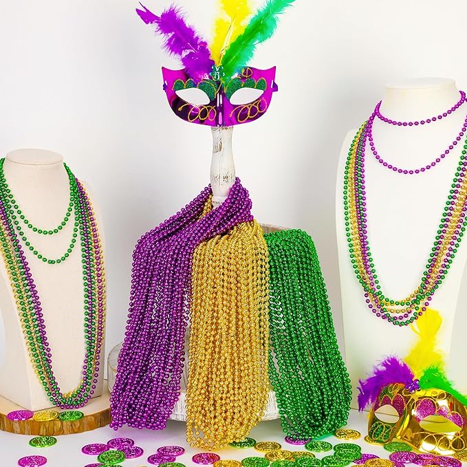 30PCS Mardi Gras Accessories, Green Purple Gold Mardi Gras Beads Necklaces Bulk, Metallic 33" Round Beads Necklace Costumes Decor, Parade Throws Party Decorations Favor Supplies