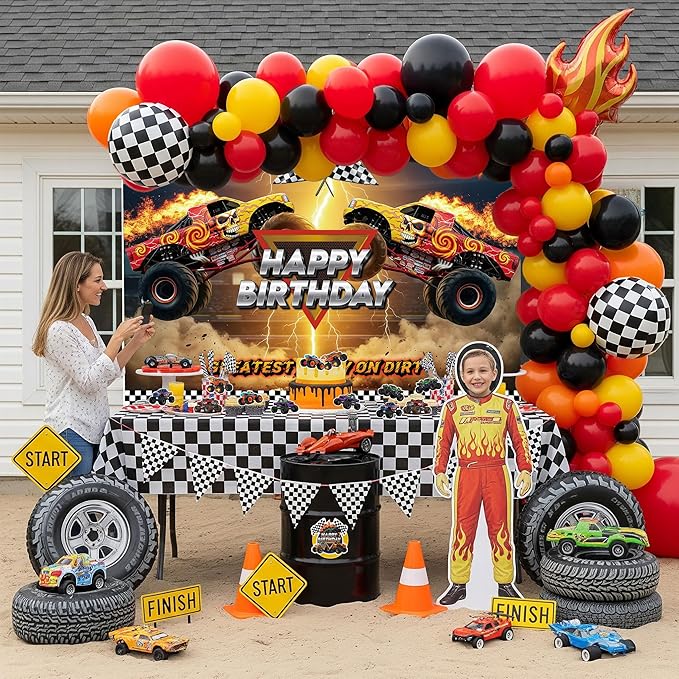 Monster Truck Birthday Decorations include Red Orange Yellow Balloons Ribbon Arch Cake Paper Card Toppers Tablecloth Backdrop Truck Birthday Decor for Boys Racing Party Decoration Supplies