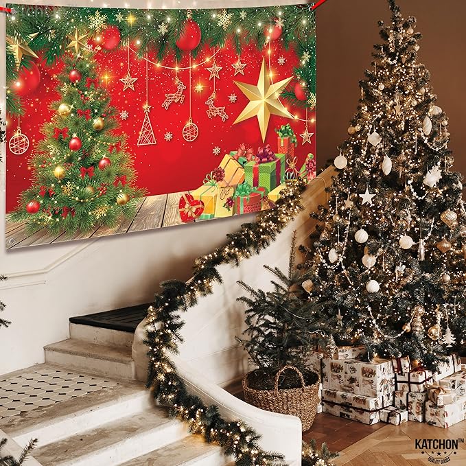 KatchOn, XtraLarge Christmas Banner - 72x44 Inch, Red, Cloth Fabric, Includes Red Ribbon Roll - 20 Feet, Perfect for Christmas Decorations & Photography