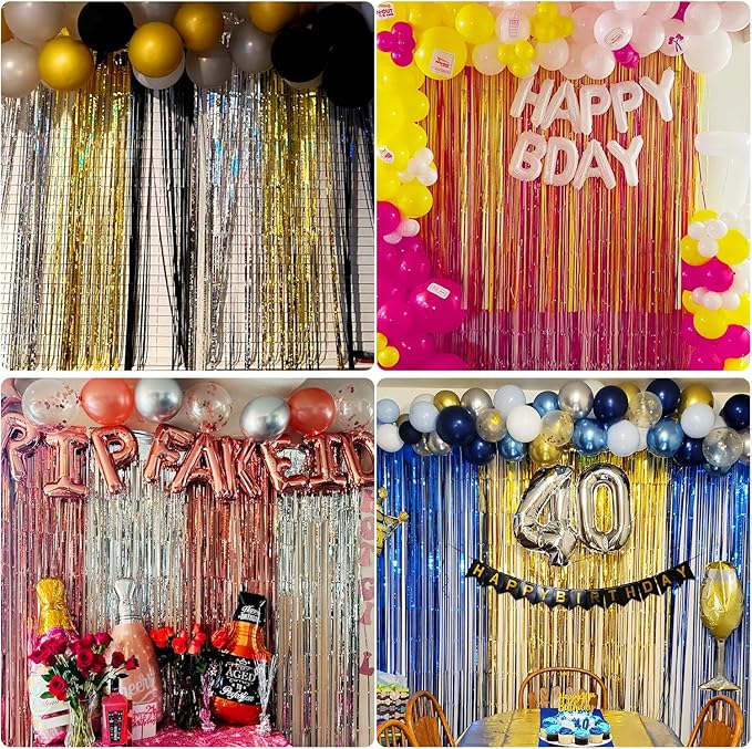 Black Fringe Backdrop Party Decorations 3.3 x 8.2 ft, 2 Pack Foil Fringe Curtains Door Streamers, Black Tinsel Backdrop for Birthday Halloween Twilight Bachelorette Decor