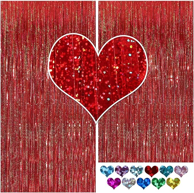 Metallic Tinsel Curtains, 2 Pack 3x8ft Foil Fringe Backdrop for Birthday & Graduation Decorations, Red