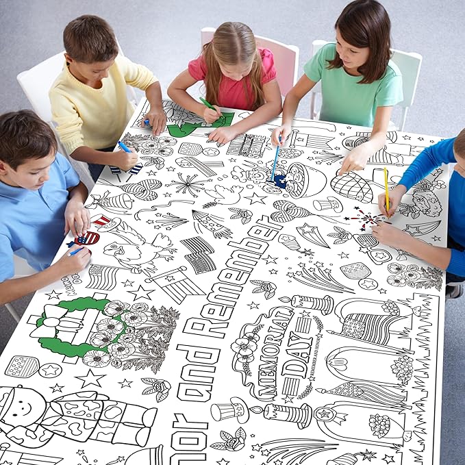 OHOME Memorial Day Giant Coloring Poster/Tablecloth - Memorial Day Decorations - 30 x 72 Inches Jumbo Coloring Banner Crafts Gifts Activities Accessories Decor Party Decorations