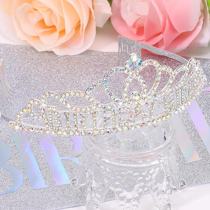 Chanaco Happy Birthday Crown and Sash Kit for Women and Girls - Rhinestone Tiara and Sashes with 'BIRTHDAY GIRL' Sash for Party Favors