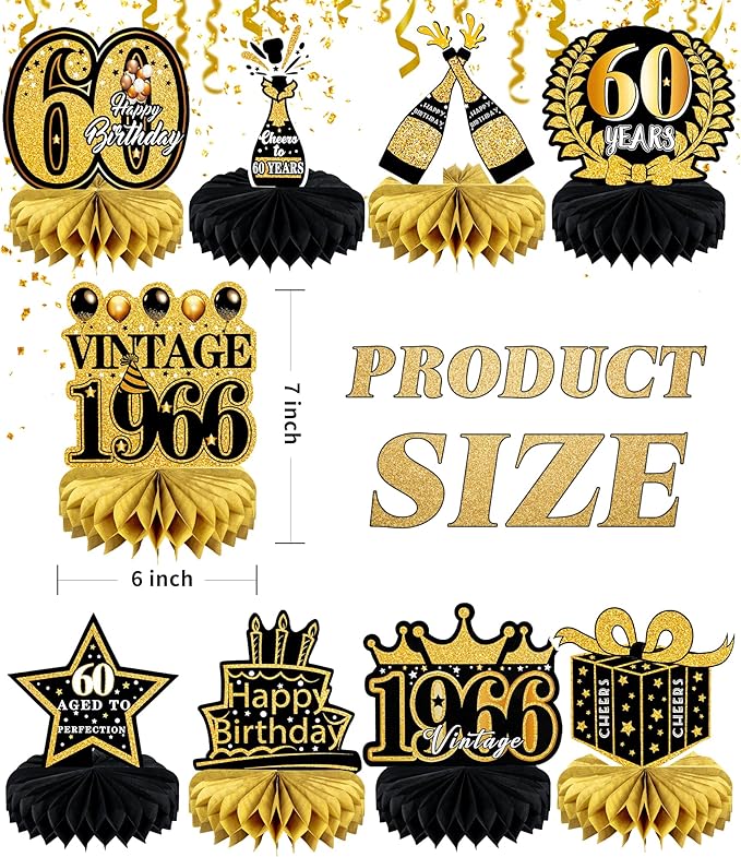 9 Pcs 60th Birthday Decoration for Men Women 60th Birthday Centerpieces for Tables Cheers to 60 Years Birthday Honeycomb Decor Birthday Table Topper Black and Gold 60th Birthday Party Favors