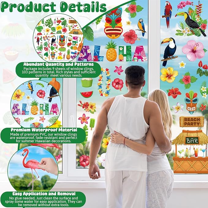 103 PCS Hawaiian Window Clings, 9 Sheets Tropical Hawaiian Party Decorations, Double-Sided Summer Window Clings with Tiki Masks Hibiscus Lei Patterns, Aloha Party Decorations for Home Office