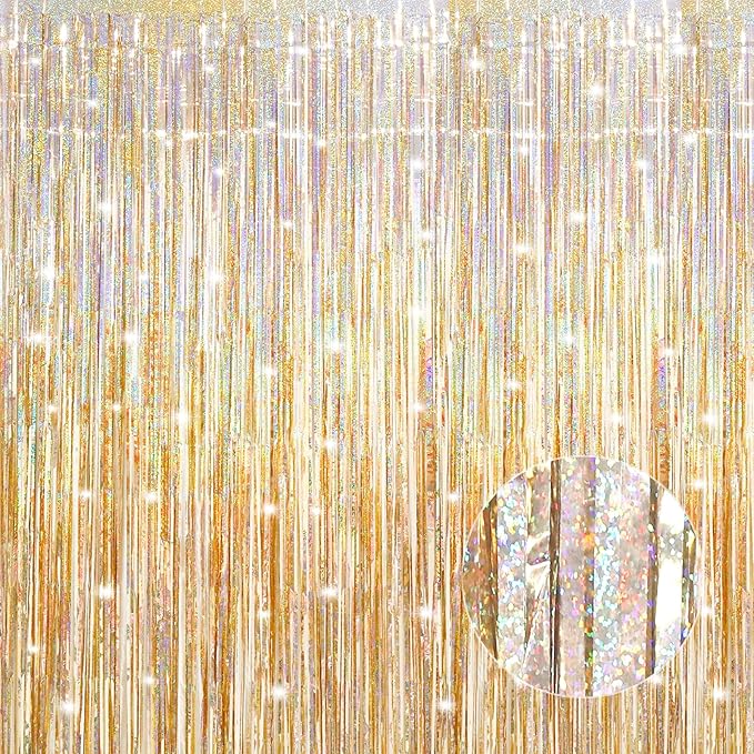 2 Pack Laser Champagne Gold Foil Fringe Curtains Streamers Party Decorations 3.3 x 8.2 ft, Tinsel Curtain Fringe Backdrop for Parties, Door Fringe Birthday Streamers, Photo Booth Backdrops