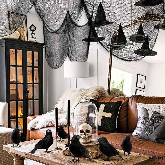 KatchOn, Halloween Creepy Cloth and Crows - Pack of 7 | 72x30 Inch, Black Spooky Cloth Realistic Black Feathered Crows | Scary Decor and Raven Decorations | Halloween Decorations Outdoor Indoor