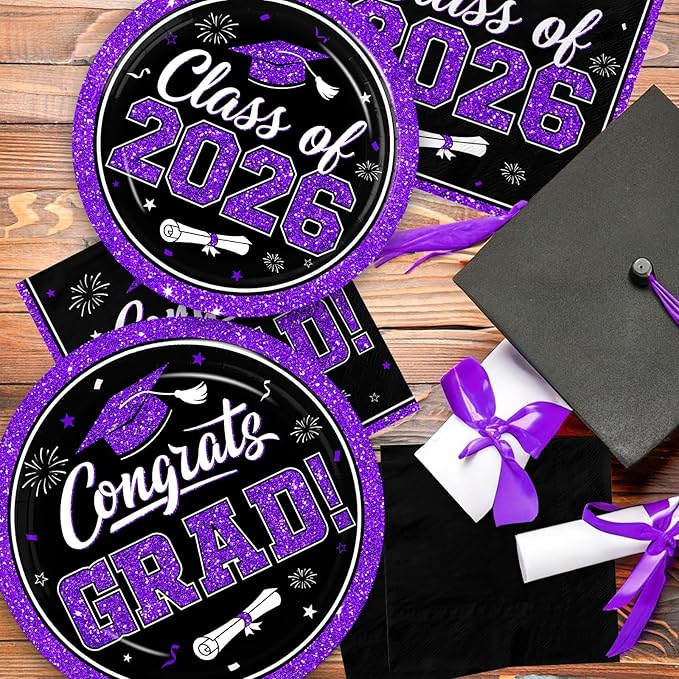Graduation Decorations 2026 Graduation Party Plates and Napkins Set Black Purple Class of 2026 Graduation Party Supplies for Congrats Grad Party Decor, Serve 50