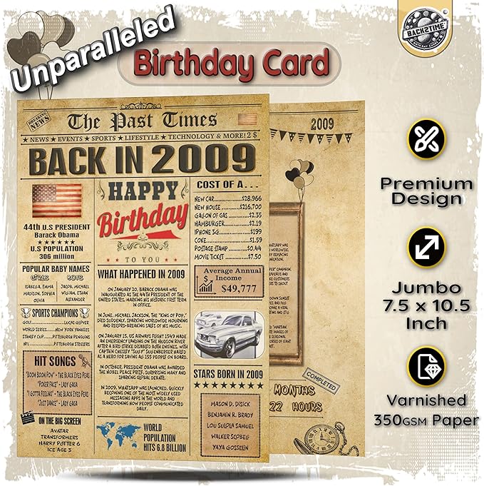 17th Birthday Card - Back In 2009 Newspaper - 17th Happy BIRTHDAY cards for Him Her - Vintage 17 th birthday gifts for women men - JUMBO A4 size - 17 th birthday decorations - gift for 17 year old