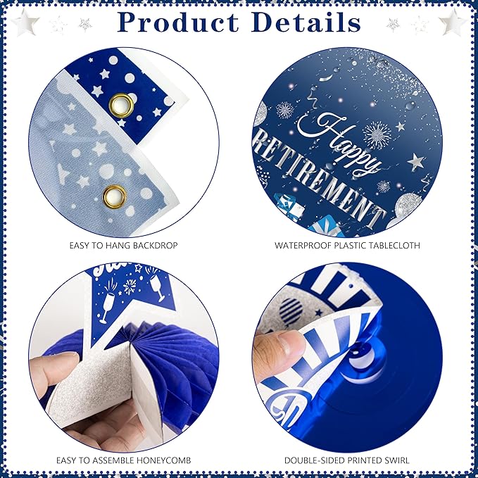 Retirement Party Decorations for Men Women 109Pcs Blue Silver Happy Retirement Decorations Include Banner Backdrop Balloons Sash Hanging Swirls Pompoms Tablecloth Honeycomb Centerpiece(Blue Silver)