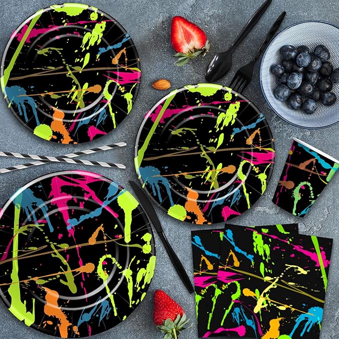 Neon Party Supplies Tableware - Glow Party Decorations Include Plate, Cup, Napkin, Tablecloth, Cutlery, Straw - Graffiti Theme Birthday Baby Shower Decorations | Serve 24