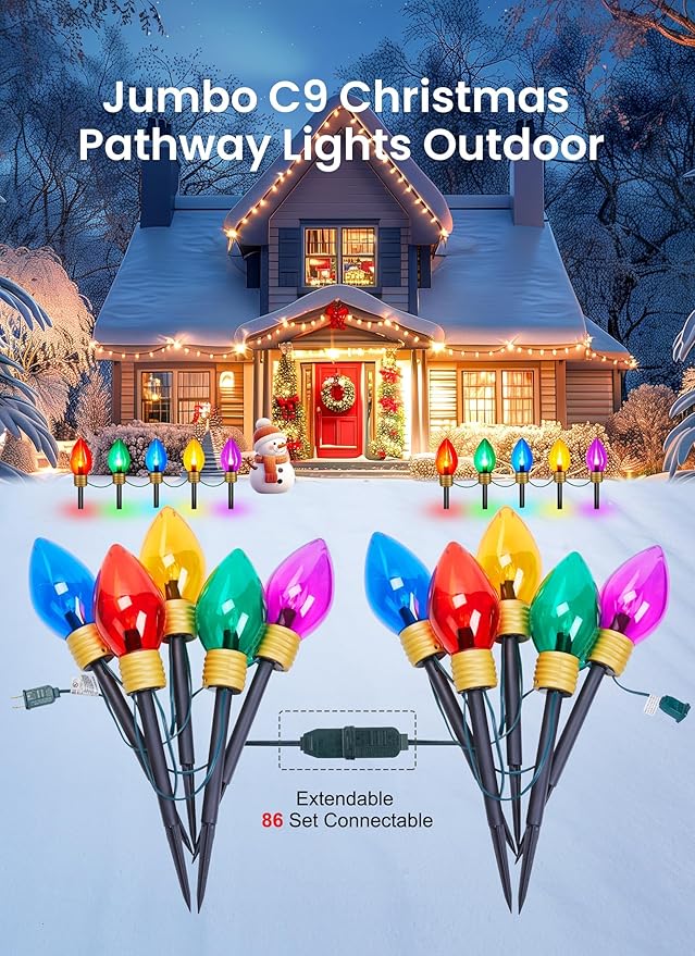 Minetom Jumbo Christmas Lights, C9 Outdoor Pathway Marker Stakes Lights, 4 Pack 10.5 Feet 5 LED String Lights Covered Jumbo Multicolored Light Bulb for Holiday Outside Yard Garden Walkway Decor