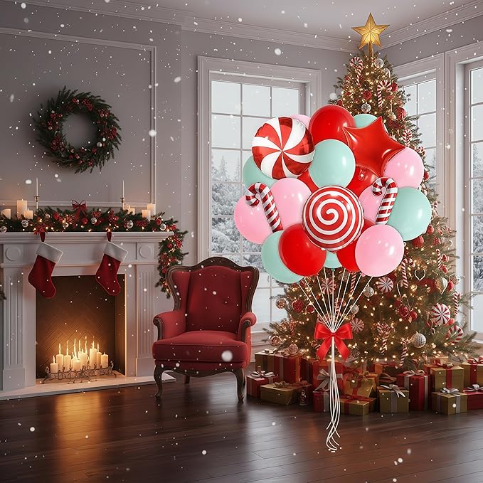 Christmas Balloons Set, 35pcs Xmas Baby Pink Red Light Green and Candy Cane Star Foil Balloons for Merry Christmas Candy Theme Candyland Party Baby Shower Gender Reveal New Year Decorations Supplies