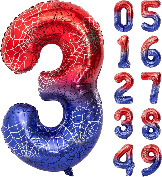 40 Inch Red and Blue Spider Theme Large Number 3 Balloon Giant Foil Birthday Balloons for Spider Theme Party Boy or Girl 3 th Birthday Wedding Anniversary Baby Shower Party Decorations