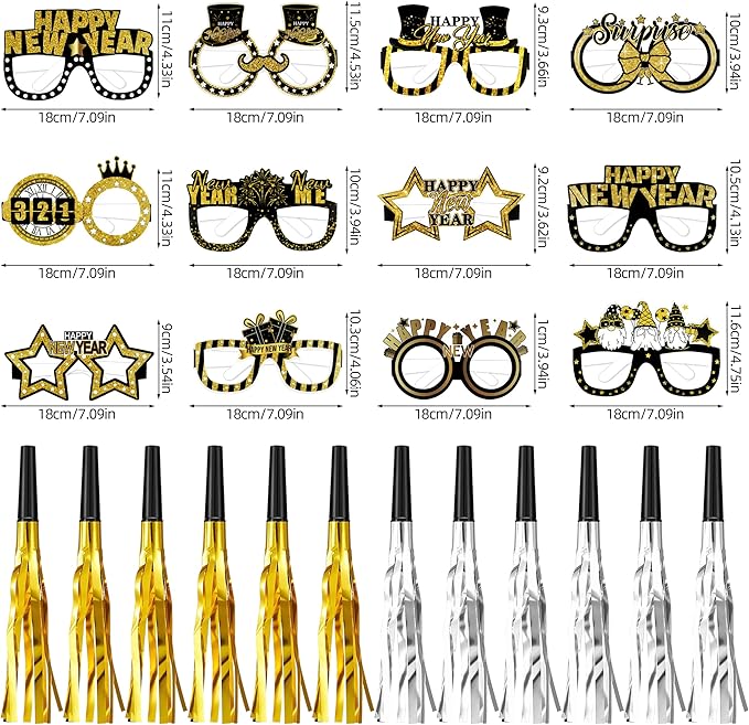 fiintrwa Happy New Year Headband Tiara Gold Silver Fringed Noise Makers and 2026 New Year Party Glasses Decoration Supplies