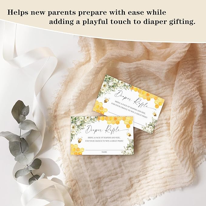 Honey Bee Diaper Raffle Game, Diaper Raffle Tickets for Baby Shower, Bee Theme Gender Neutral Tickets for Baby Shower Party Favor Decorations Supplies (1 Sign + 50 Cards)