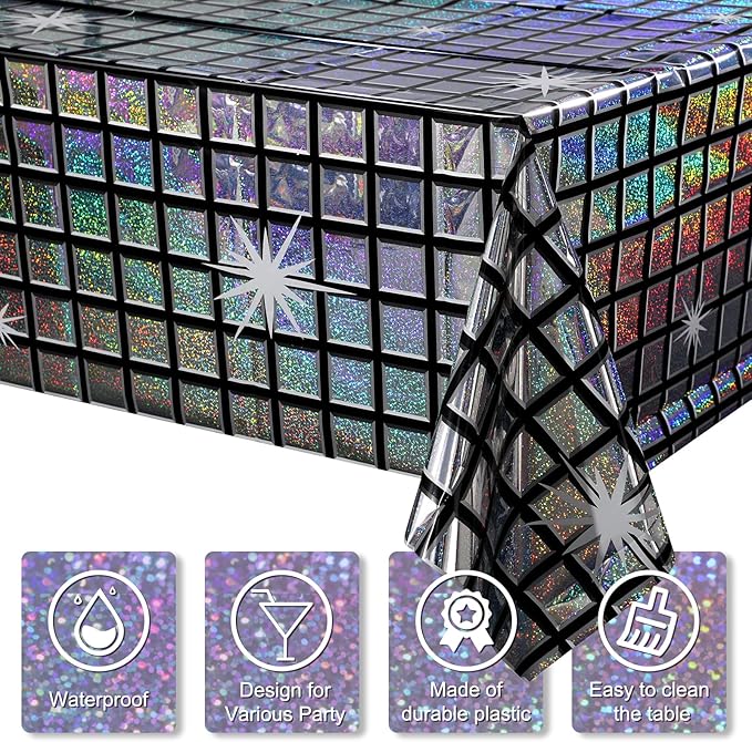 FunnyPars 1 Pack Disco Tablecloth Party Decorations, Shiny Iridescent Disposable Laser Rectangle Table Covers, Silver Plastic Table Cloth for 70s Disco Birthday Theme Party Decorations, 39 x 108Inch