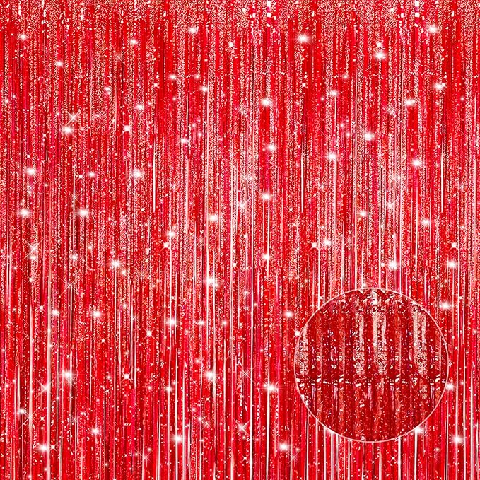 2 Pack Laser Red Foil Fringe Curtains Streamers Party Decorations 3.3 x 8.2 ft, Tinsel Curtain Fringe Backdrop for Parties, Door Fringe Birthday Streamers, Photo Booth Backdrops, Party Decor