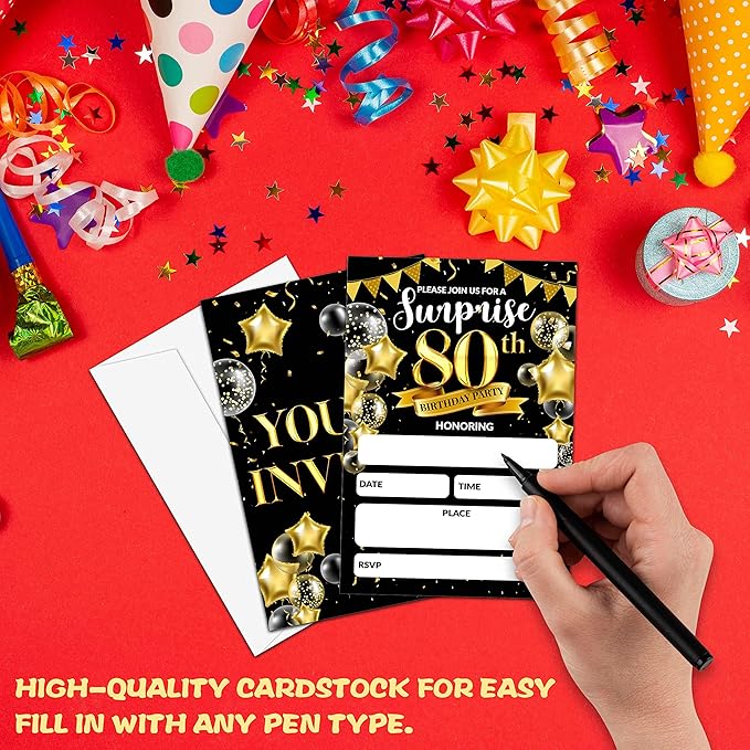 Surprise 80th Birthday Party Invitation, Black and Gold Fill-In Invites For Adult Woman & Man, 20 Invitations With Envelopes(4" x 6"), Party Favors Decorations And Supplies-06