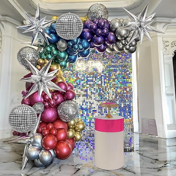 Inflatable Disco Ball Balloons Pack of 24 - 22” Silver Mylar Foil Disco Party Balloons with Star Balloons, Ribbon & Pipe for New Year's Disco Ball Decorations Party, Bachelorette, Birthday Décor