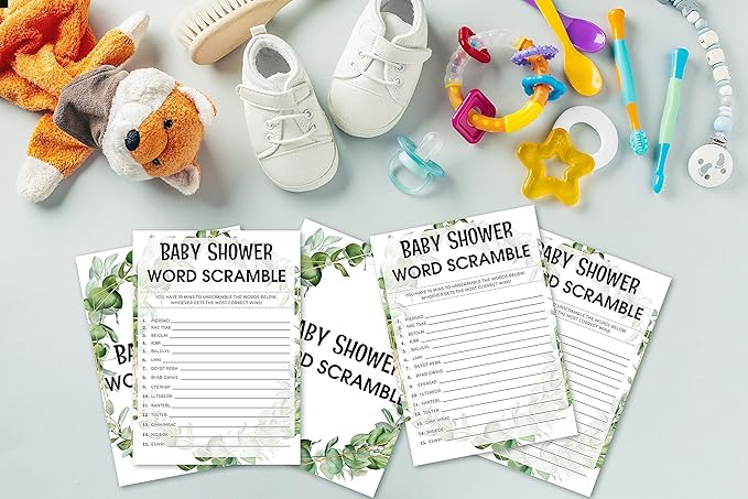 Baby Shower Game Cards, Word Scramble Game, Tropical Jungle Theme Party Games, Set of 30 (Green005)