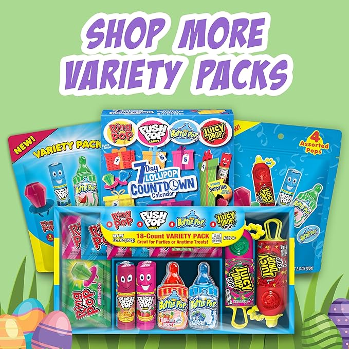 Bazooka Candy Brands Easter Candy Variety Pack, 18Ct Assorted Candy Lollipops, Bulk Individually Wrapped Ring Pop, Push Pop, & More, Birthday Party Favors, Easter Basket Stuffers, Egg Fillers, Gifts