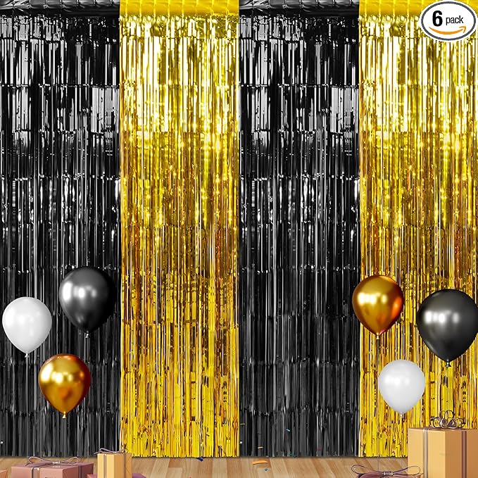 6Pack 3.3Ft x 6.6Ft Graduation Foil Fringe Curtain Backdrop Decorations, Black Gold Metallic Tinsel Foil Streamers Curtain Photo Booth Background for Graduation Prom Wedding Birthday Party Decorations