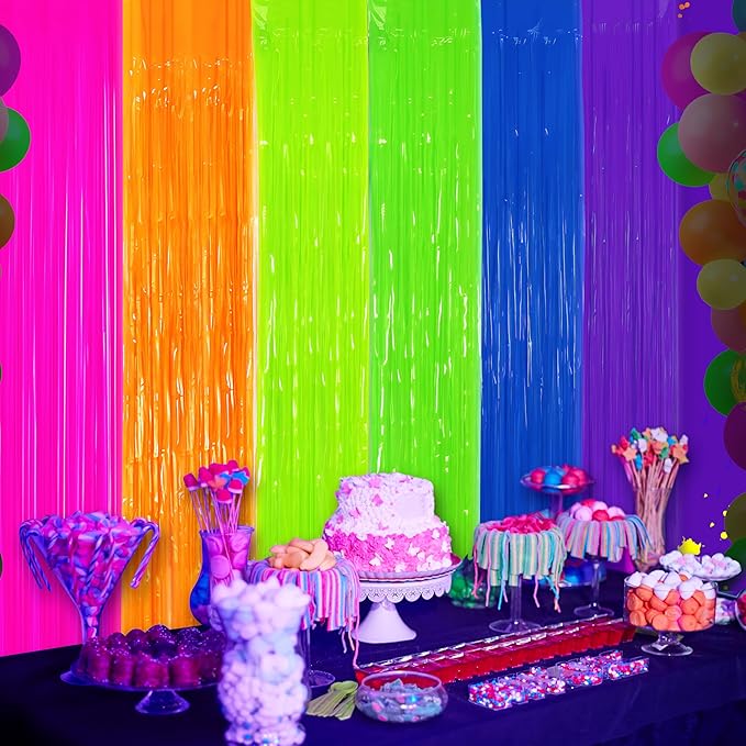 Glow in The Dark Tinsel Curtains 2 Pack - 3.3x6.6ft UV Reactive ‌Fluorescent Party Backdrop for Neon, Birthday, Pride Decorations, Pre-Taped, Lightweight Waterproof