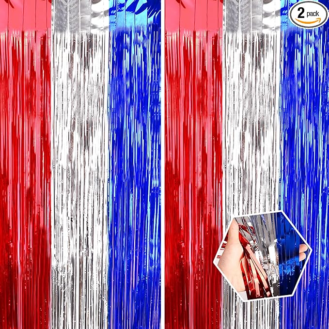 July 4th Party Decorations, Curtain Tinsel Streamers Birthday Decoration, Blue Silver Red Backdrops for Independence Day, Colourful Photo Props for 2025 Graduation Decoration, 2Pack 3.28X6.56Ft